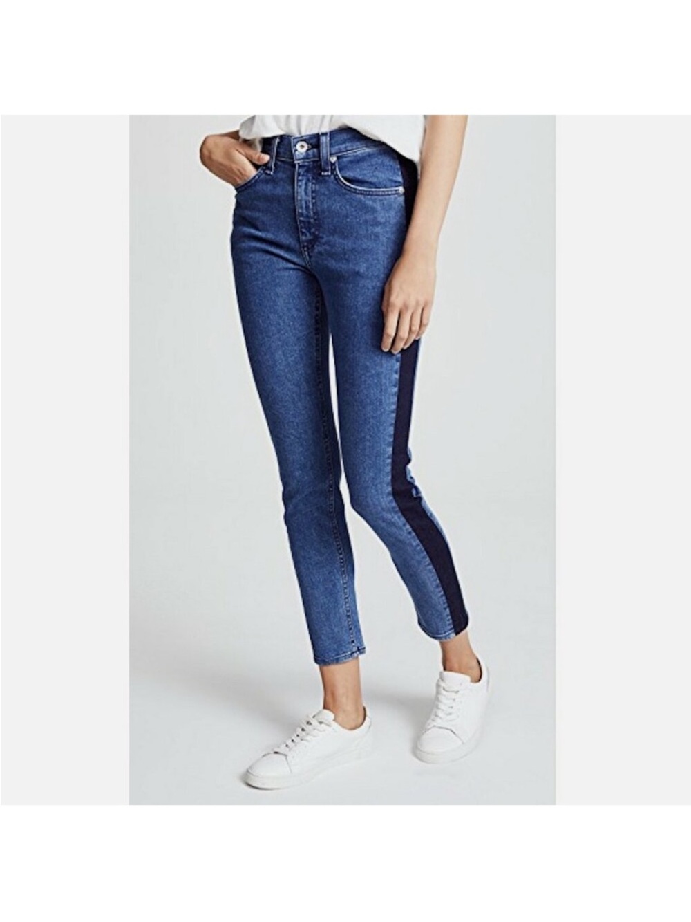 rag & bone Two-Tone Blue Ankle Jeans with Side Stripe